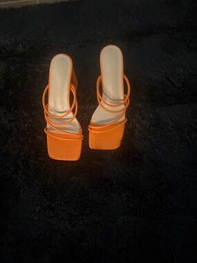 Orange Strappy Square-Toe High Heels